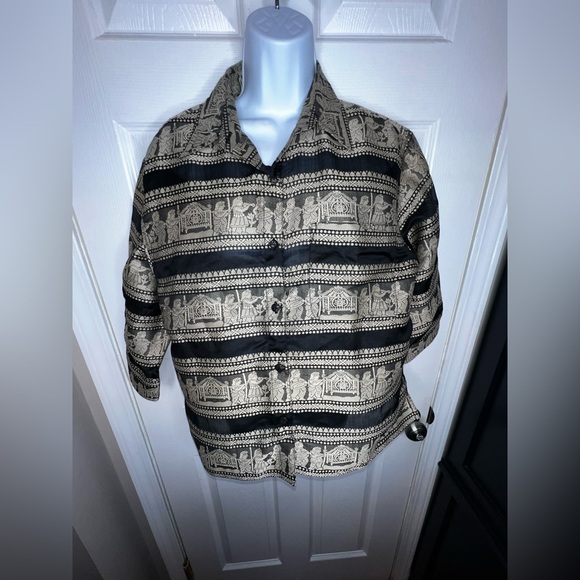 Vtg Chico’s Size 1 M Silk Sheer Black Egyptian Print Blouse Button Down Top 8 10 - Picture 1 of 12